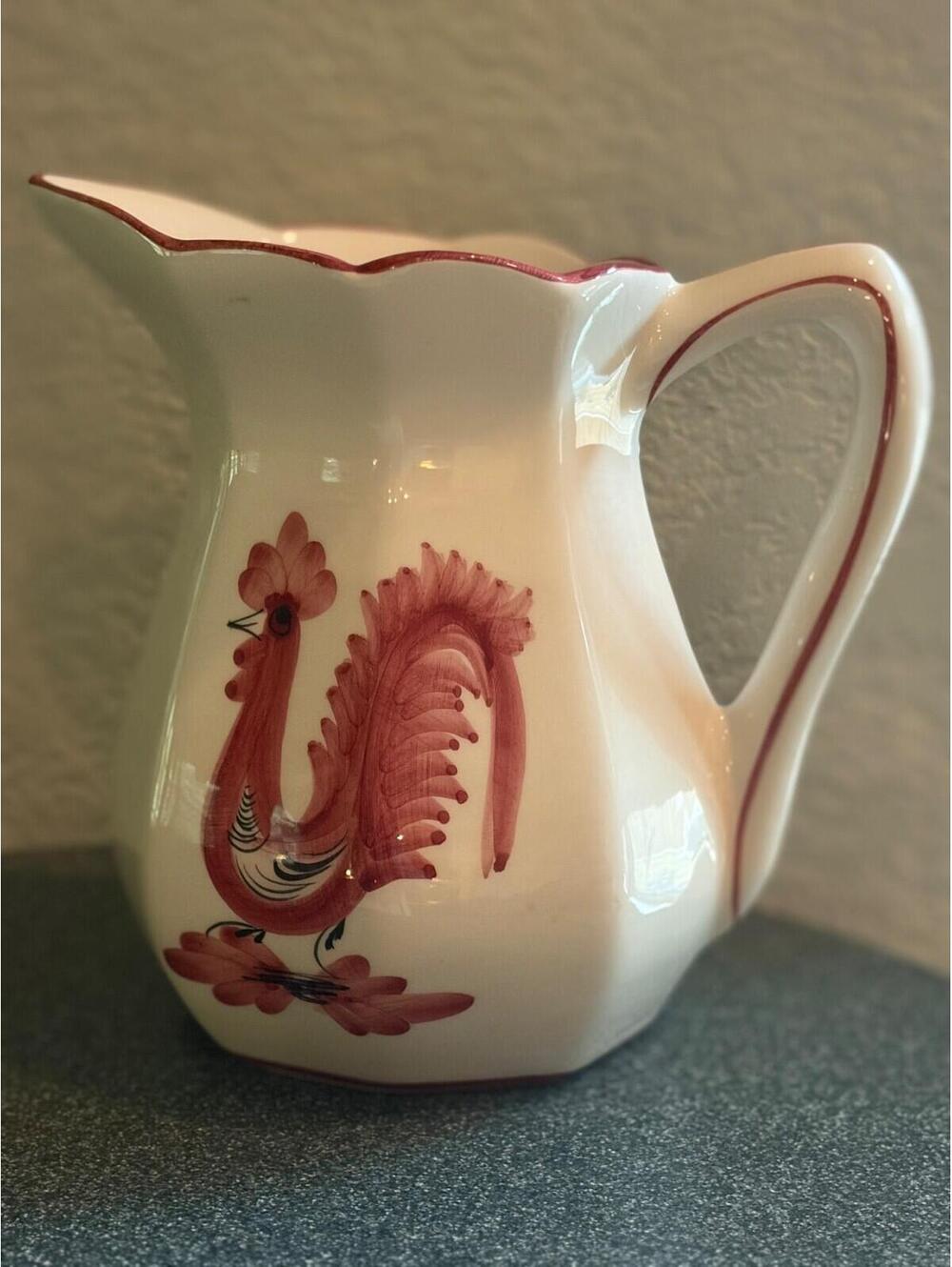 VTG RCCL Hand Painted Pink White Rooster Pitcher Vase Portugal EUC 6.75" Tall
